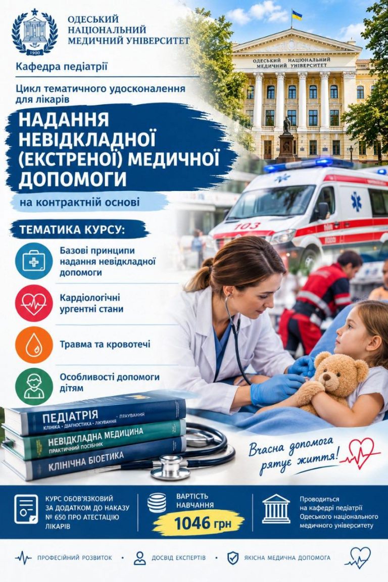 Кафедра педіатрії ОНМедУ запрошує лікарів на цикл тематичного удосконалення «Надання невідкладної (екстреної) медичної допомоги»